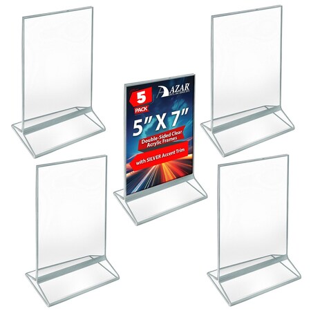 Azar Displays Silver Double-Sided Clear Acrylic Frames with Accent Trim 5 W x 7 H, 5PK 152799-SLV-5PK